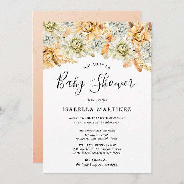 Dusty Blue and Peach Fall Floral Baby Shower Invitation (Front/Back)