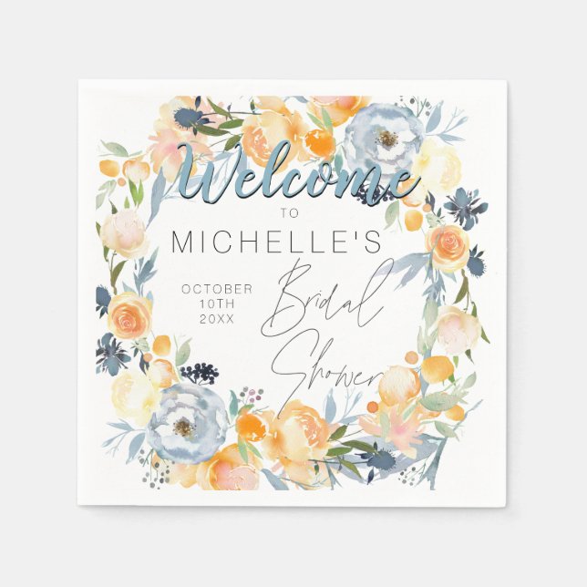Dusty Blue and Peach Floral Bridal Shower  Napkin (Front)