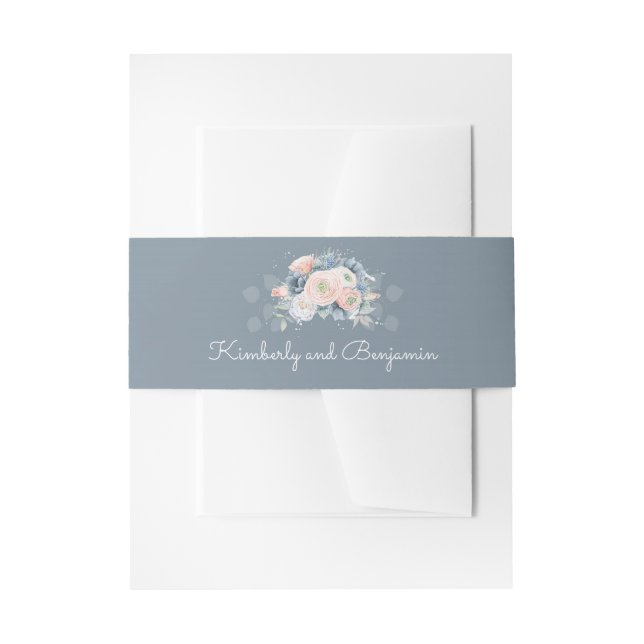 Dusty Blue and Peach Floral Elegant Wedding Invitation Belly Band (Front Example)