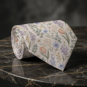 Dusty Blue and Peach Watercolor Wildflower Botanic Tie