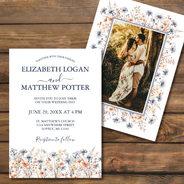 Dusty Blue and Peach Wildflowers Photo Wedding Invitation (Creator Uploaded)