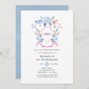 Dusty Blue and Pink Crest Bridesmaids Luncheon Invitation