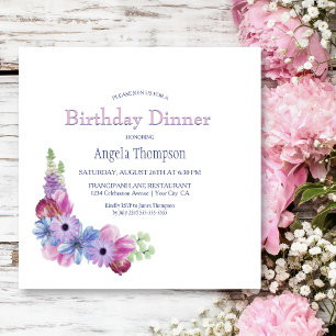 Dusty Blue and Pink Floral Birthday Dinner Party Invitation