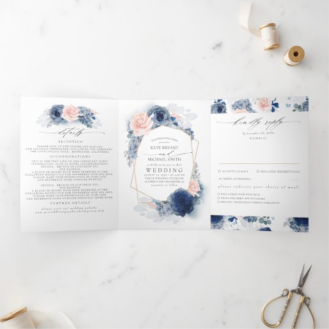 Dusty Blue and Pink Floral Botanical Wedding Tri-Fold Invitation (Inside)