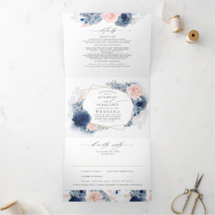Dusty Blue and Pink Floral Botanical Wedding Tri-Fold Invitation