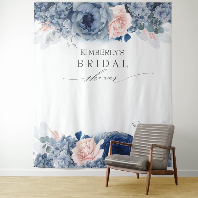 Dusty Blue and Pink Floral Bridal / Baby Shower Tapestry (In Situ)