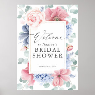 Dusty Blue and Pink Floral Bridal Shower Welcome Poster
