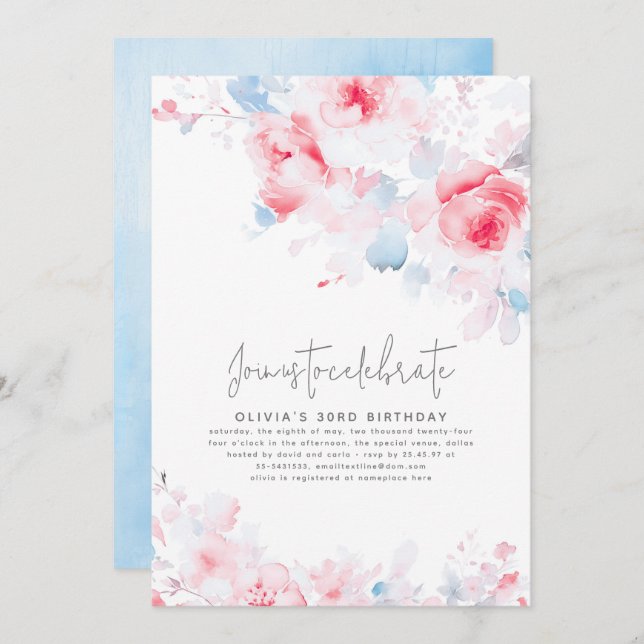 Dusty Blue and Pink Floral Elegant Birthday Invitation (Front/Back)