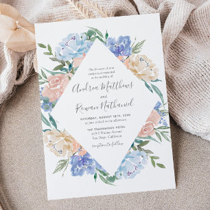 Dusty Blue and Pink Floral Frame Wedding Invite