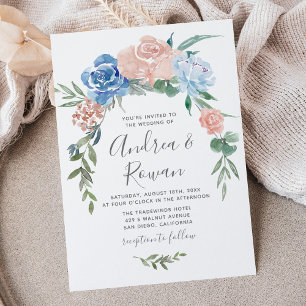 Dusty Blue and Pink Floral Garland Wedding Invite