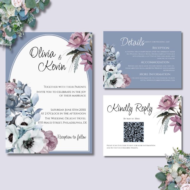 Dusty Blue and Pink Floral Modern Arch Wedding  Invitation (Creator Uploaded)