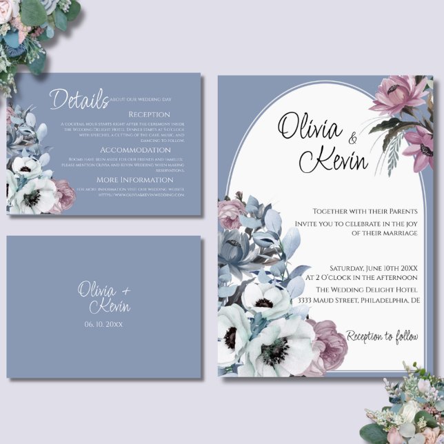 Dusty Blue and Pink Floral Modern Wedding  Enclosure Card (Creator Uploaded)
