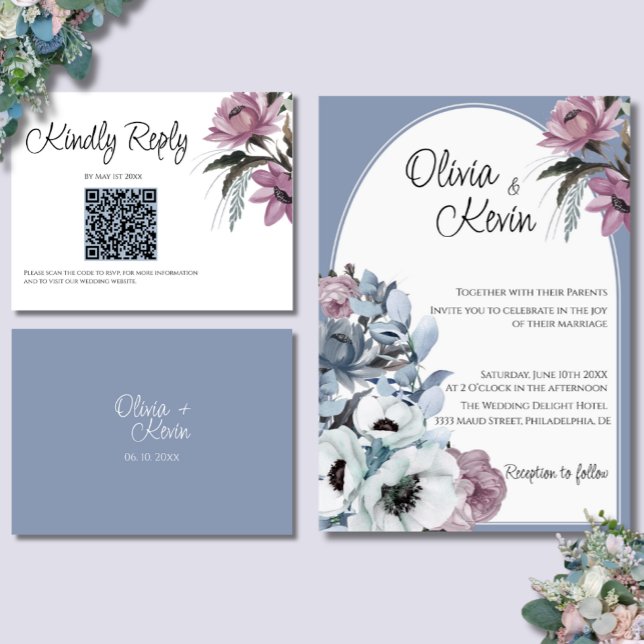 Dusty Blue and Pink Floral Modern Wedding QR Code  RSVP Card (Creator Uploaded)