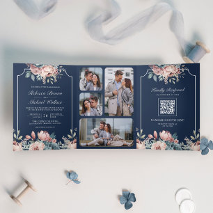 Dusty Blue and Pink Floral Navy QR Code Wedding Tri-Fold Invitation