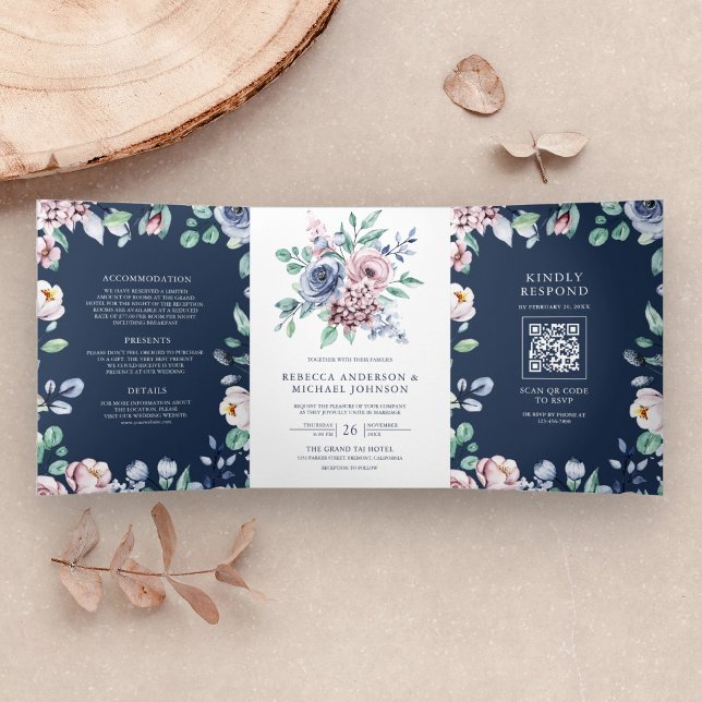 Dusty Blue and Pink Floral Navy QR Code Wedding Tri-Fold Invitation (Creator Uploaded)