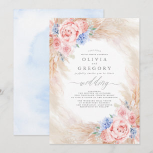 Dusty Blue and Pink Floral Pampas Grass Wedding Invitation