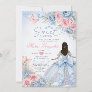 Dusty Blue and Pink Floral Princess Sweet Sixteen Invitation