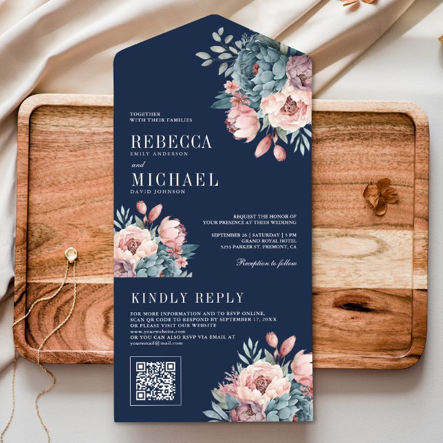 Dusty Blue and Pink Floral QR Code Navy Wedding All In One Invitation (Creator Uploaded)