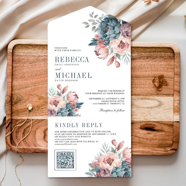 Dusty Blue and Pink Floral QR Code Wedding All In One Invitation (Creator Uploaded)