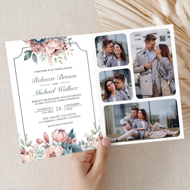 Dusty Blue and Pink Floral QR Code Wedding Invitation (Creator Uploaded)