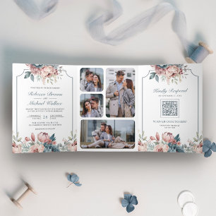 Dusty Blue and Pink Floral QR Code Wedding Tri-Fold Invitation
