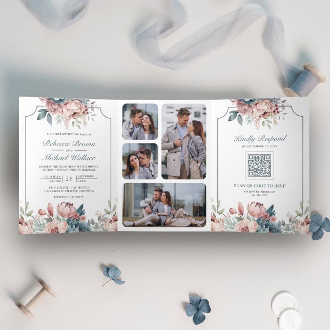 Dusty Blue and Pink Floral QR Code Wedding Tri-Fold Invitation (Creator Uploaded)