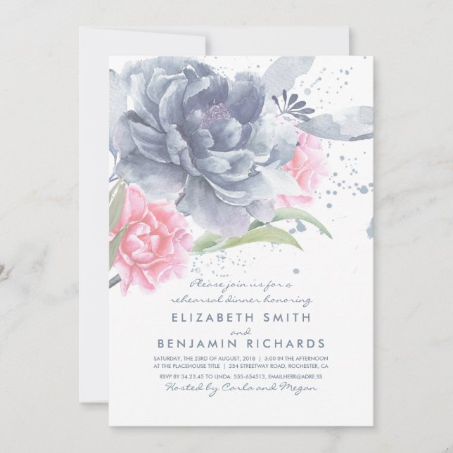 Dusty Blue and Pink Floral Rehearsal Dinner Invitation (Front)