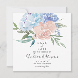 Dusty Blue and Pink Floral Save The Date Announcement