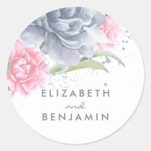Dusty Blue and Pink Floral Watercolors Classic Round Sticker