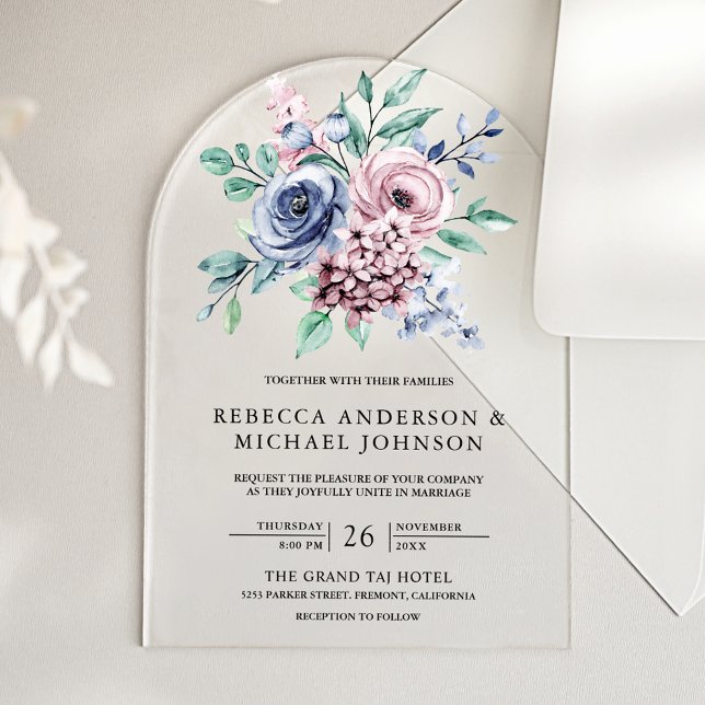 Dusty Blue and Pink Floral Wedding Acrylic Invitations (Creator Uploaded)