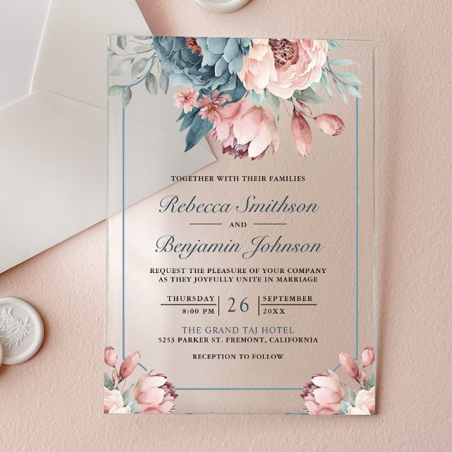 Dusty Blue and Pink Floral Wedding Acrylic Invitations (Creator Uploaded)