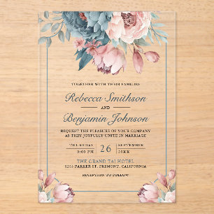 Dusty Blue and Pink Floral Wedding Acrylic Invitations