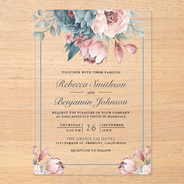 Dusty Blue and Pink Floral Wedding Acrylic Invitations (Front)