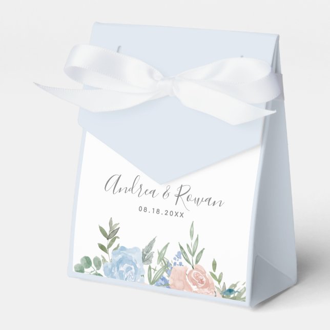 Dusty Blue and Pink Floral Wedding Favour Box (Front Side)