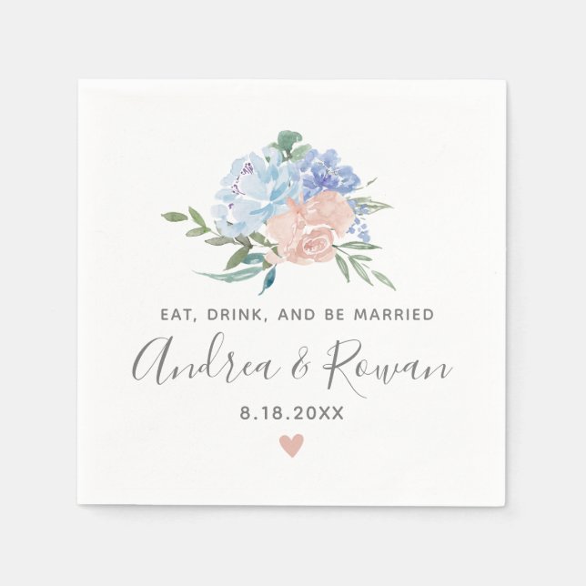 Dusty Blue and Pink Floral Wedding Napkin (Front)
