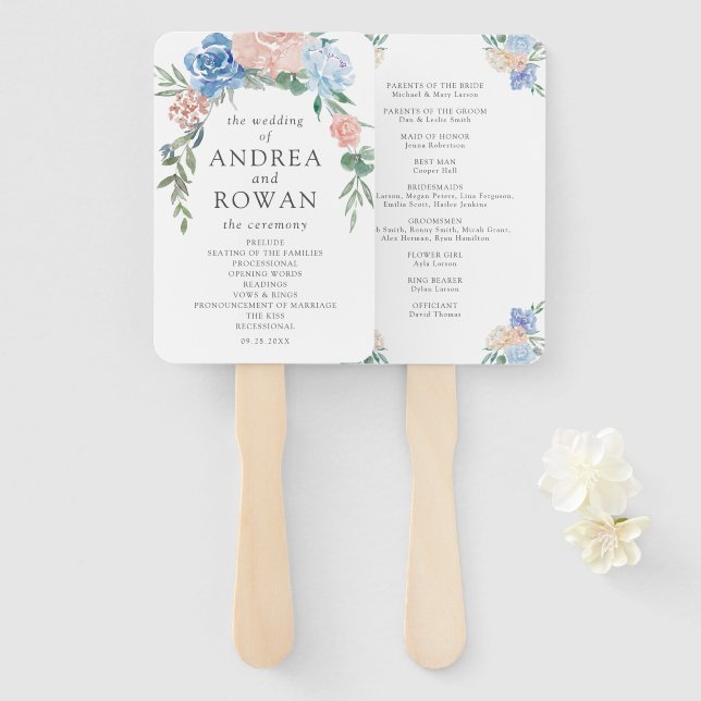 Dusty Blue and Pink Floral Wedding Program Hand Fa Fan (Front and Back)