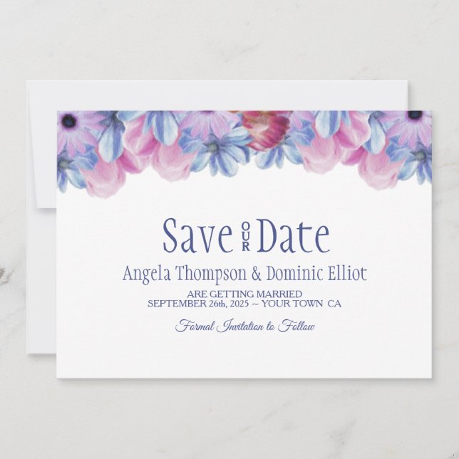 Dusty Blue and Pink Floral Wedding Save the Date (Front)