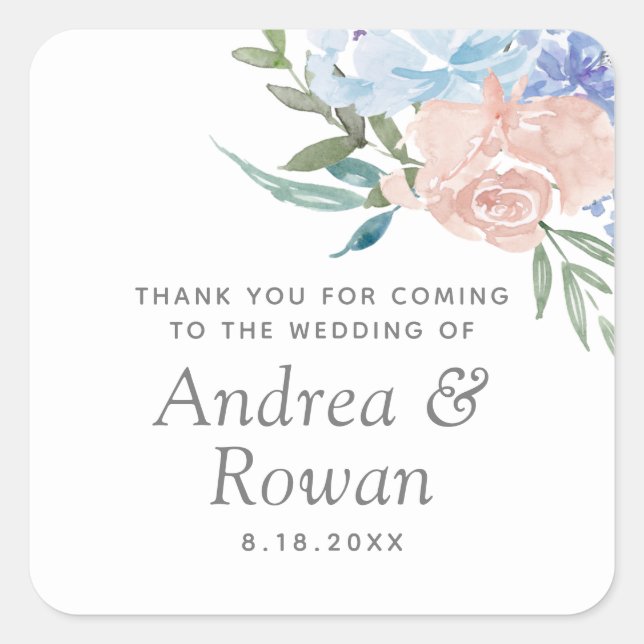 Dusty Blue and Pink Floral Wedding Square Sticker (Front)
