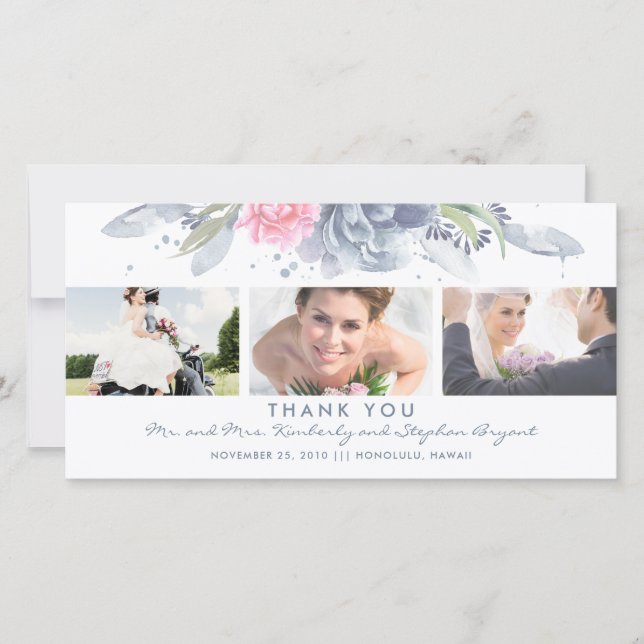 Dusty Blue and Pink Floral Wedding Thank You (Front)