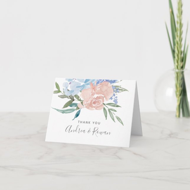 Dusty Blue and Pink Floral Wedding Thank You Card (Front)