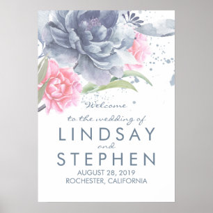 Dusty Blue and Pink Floral Wedding Welcome Sign