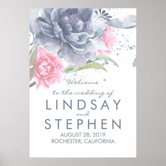 Dusty Blue and Pink Floral Wedding Welcome Sign (Front)