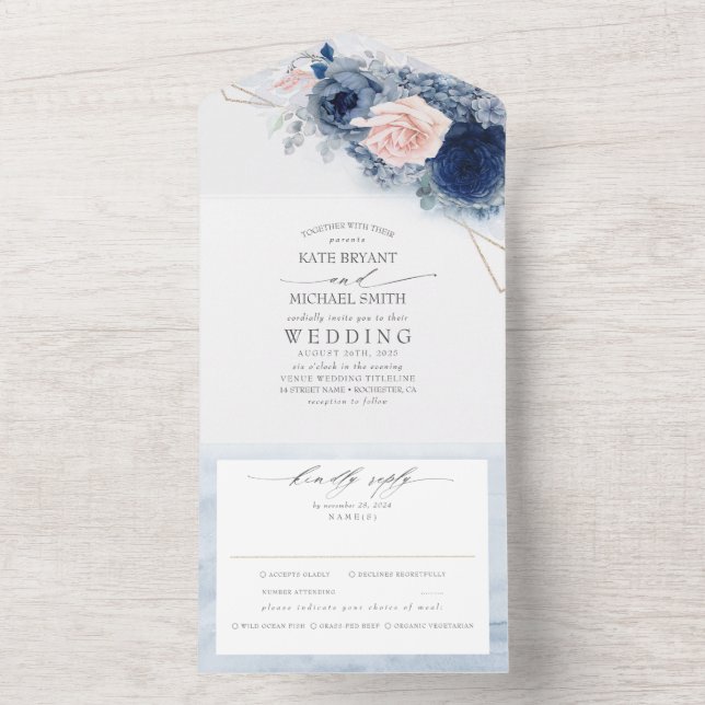Dusty Blue and Pink Flowers Elegant Modern Wedding All In One Invitation (Inside)