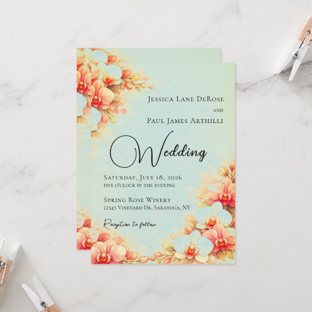 Dusty Blue and Pink Orchid Wedding Invitation (Front/Back In Situ)