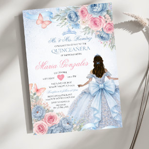 Dusty Blue and Pink Princess Butterfly Quinceañera Invitation