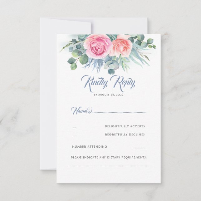 Dusty Blue and Pink Rose Quartz Wedding RSVP Card (Front)