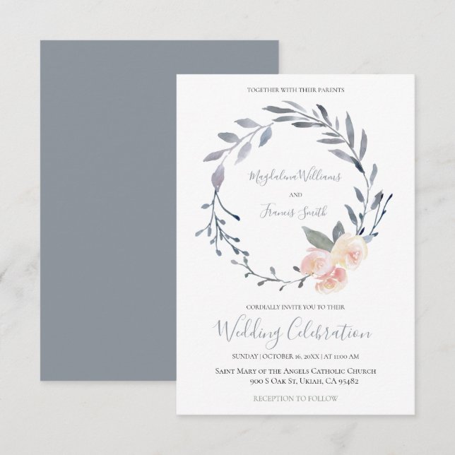 dusty blue and pink watercolor floral wreath invitation (Front/Back)
