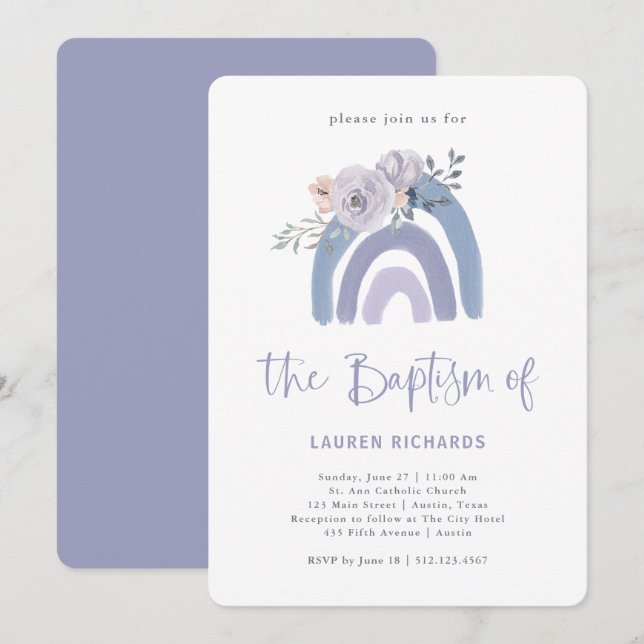 Dusty Blue and Purple Boho | Rainbow Baptism Invitation (Front/Back)