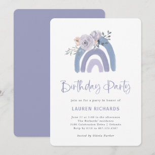 Dusty Blue and Purple Boho Rainbow Birthday Party Invitation