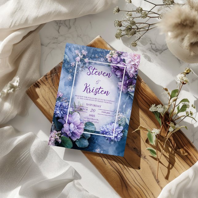 Dusty Blue and Purple Floral Wedding Invitation (Creator Uploaded)